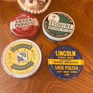 4 Vintage Tins from Wax, Polish, Dressing with colorful graphics